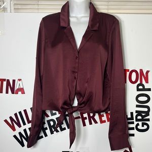 Wilfred Aritzia Spiced Burgundy Tie Front Satin Blouse